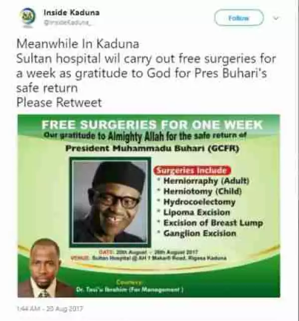 A Hospital In Kaduna Offers Free Surgery For A Week To Celebrate Pres. Buhari